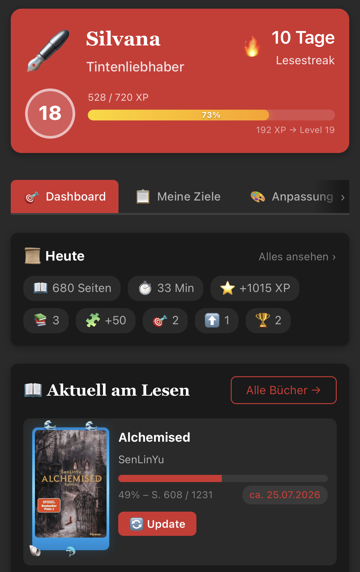 Screenshot der Foxnook-App mit Bibliothek und Lesestatistiken